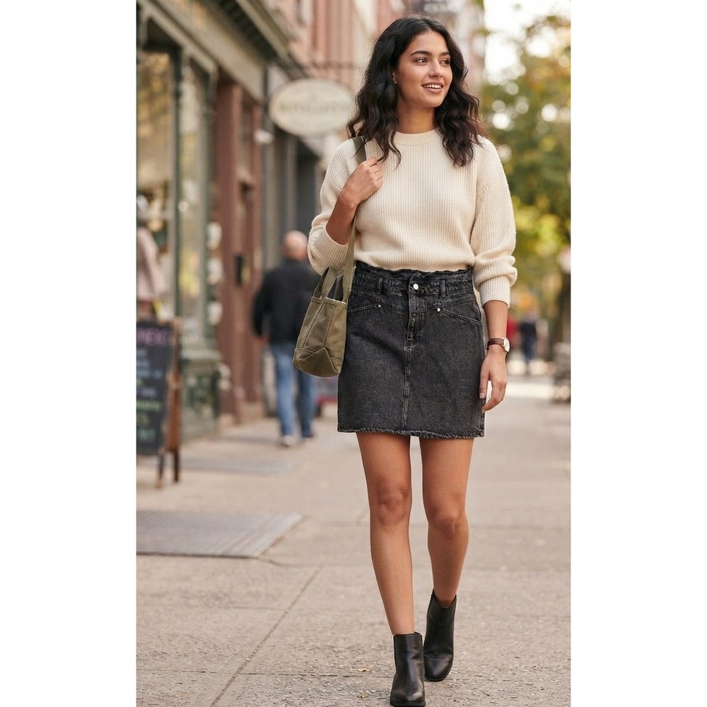 Promod Black Denim Mini Skirt High Waisted Faded Wash Size 16 UK 44 EUR